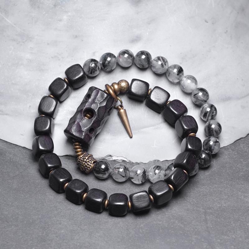 Black Wood & Rutilated Quartz Bracelet – Grounding, Strength & Inner Balance