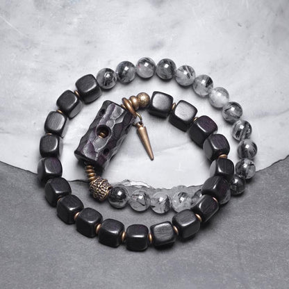 Black Wood & Rutilated Quartz Bracelet – Grounding, Strength & Inner Balance