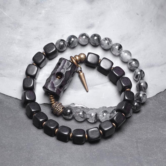 Black Wood & Rutilated Quartz Bracelet – Grounding, Strength & Inner Balance